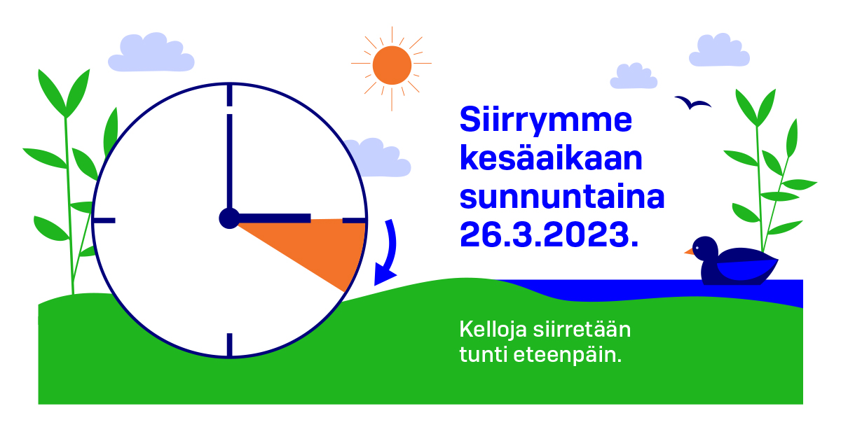 Siirrymme kesäaikaan sunnuntaina 26.3.2023. Kelloja siirretään tunti eteenpäin. (Kuva: LVM)