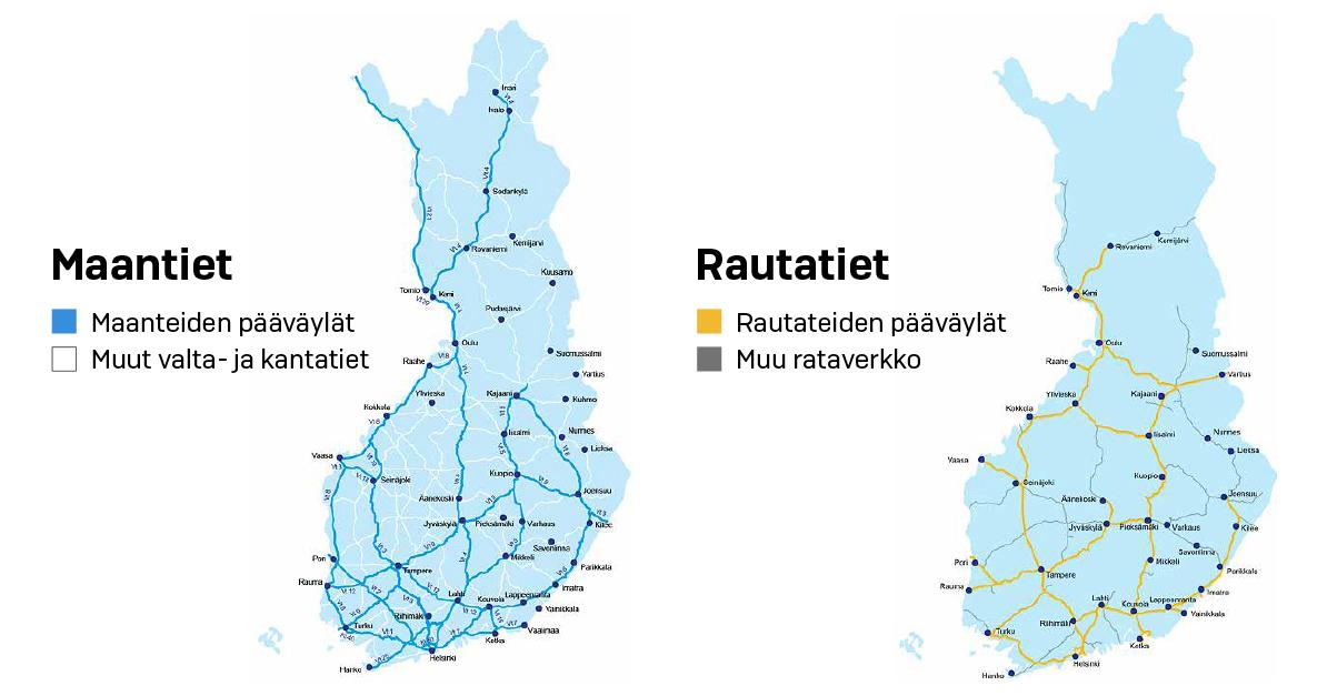 Maanteiden ja rautateiden pääväylät (Kuva: LVM, Liikennevirasto)