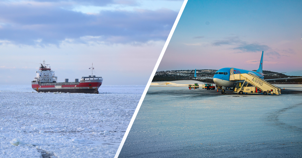 Vasemmalla rahtialus jäätyneessä Itämeressä ja oikealla lentokone laskeutuneena lumiselle kentälle (Kuvat: Leonard Zhukovsky ja Robinotof / Shutterstock)