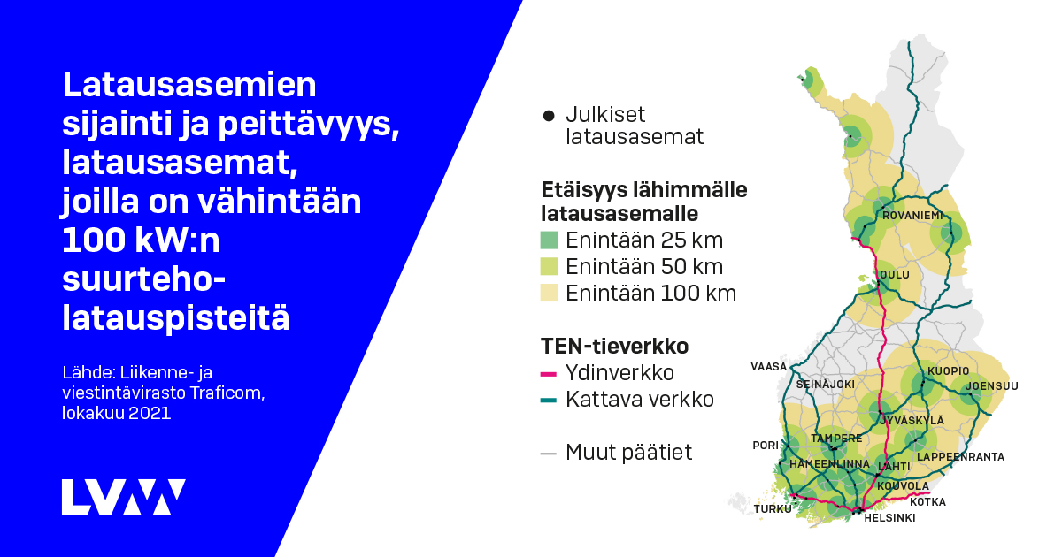 Location and coverage of charging stations (Image: Finnish Transport and Communications Agency – Traficom and Ministry of Transport and Communications)