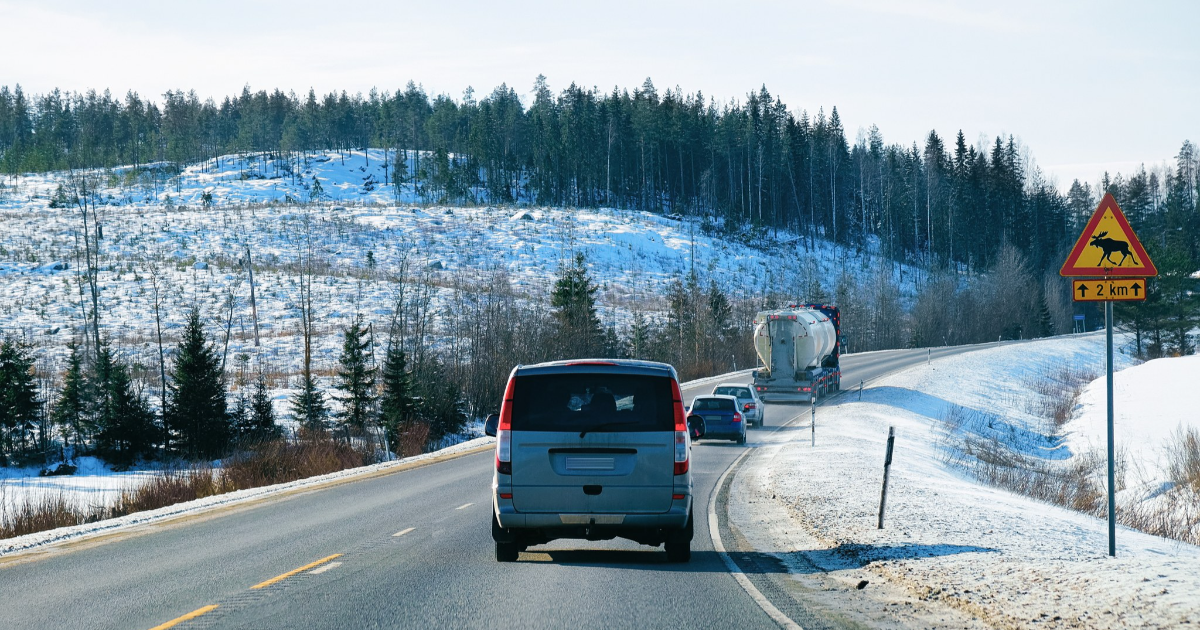 Pakettiauto, henkilöautoja ja säiliörekka talvisella tiellä (Kuva: Shutterstock/Roman Babakin)