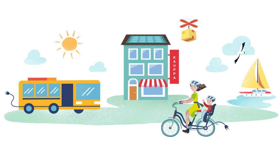 Maisema, jossa on bussi, kauppa ja nainen, joka pyöräilee lapsen kanssa sähköpyörällä.