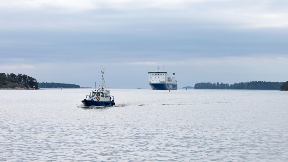 Rahtialus ja pienempi laiva Helsingin edustalla pilvisessä maisemassa.