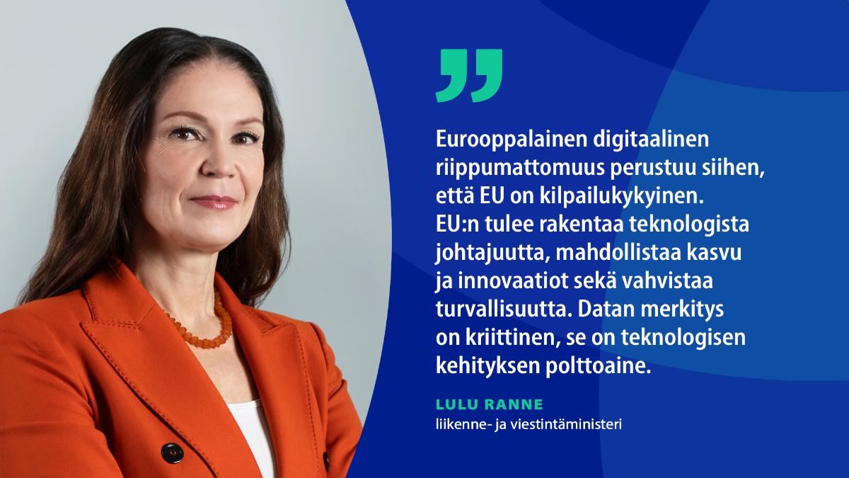 Liikenne- ja viestintäministeri Lulu Ranne katsoo kameraan