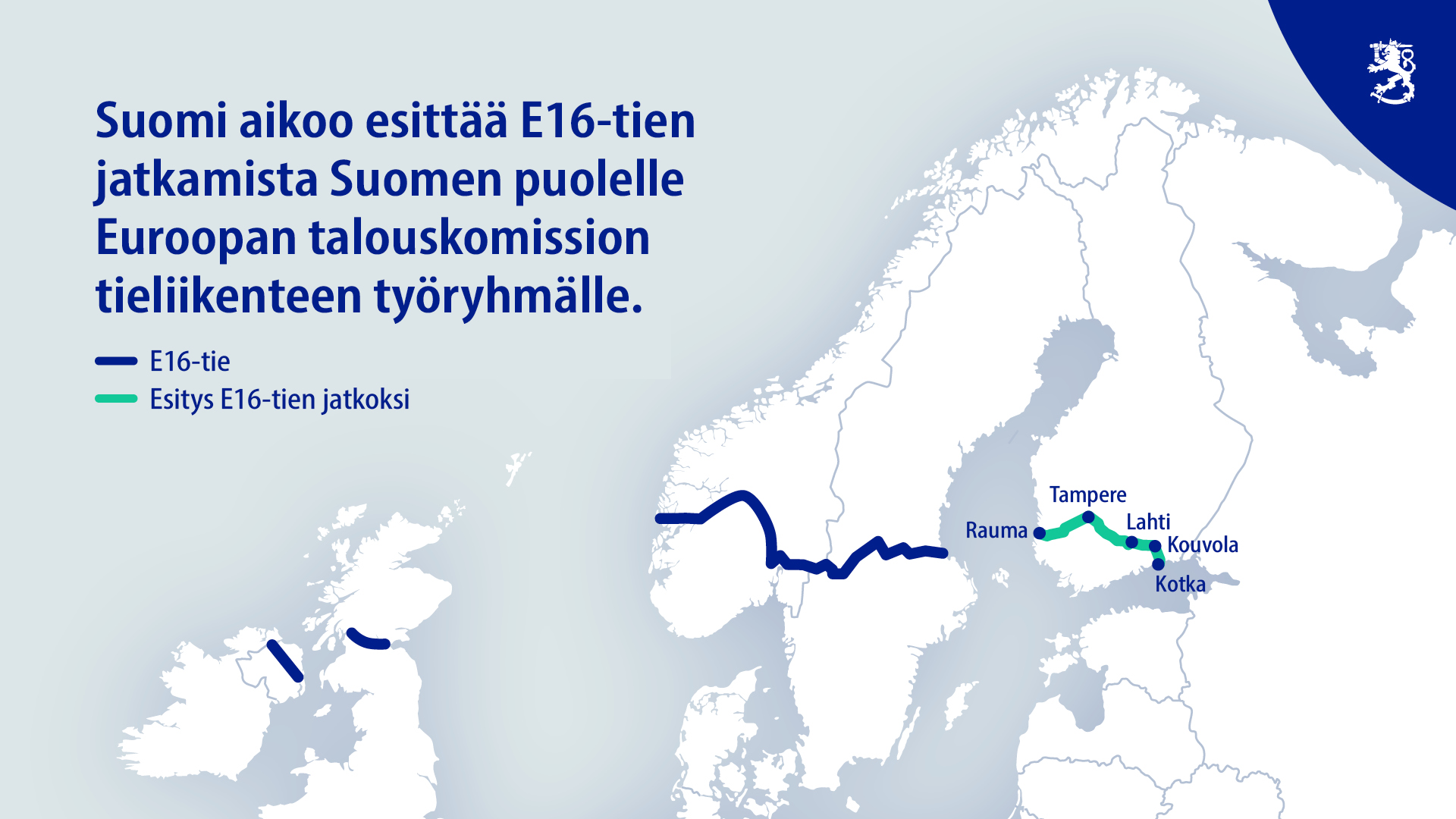 Nykyinen E16-tie ja Suomen puolelle suunniteltu jatke, jota Suomi aikoo esittää. (Kuva: LVM)