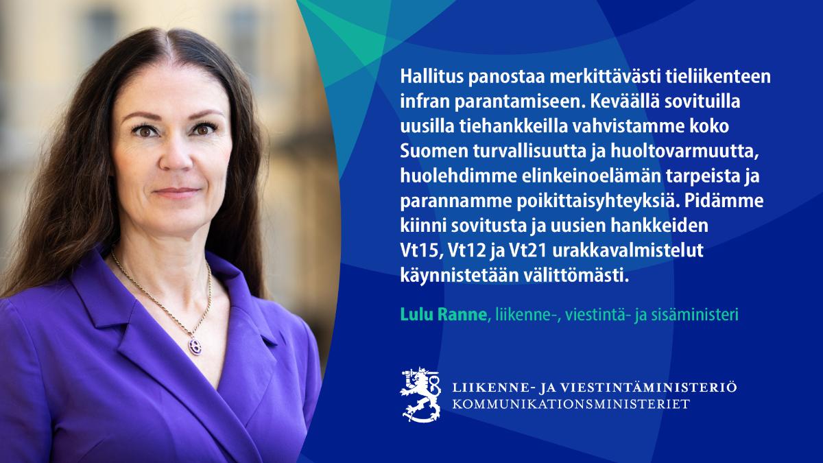 Liikenne-, viestintä- ja sisäministeri Lulu Ranne katsoo kameraan