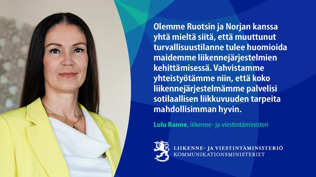 Liikenne- ja viestintäministeri Lulu Ranne katsoo kameraan