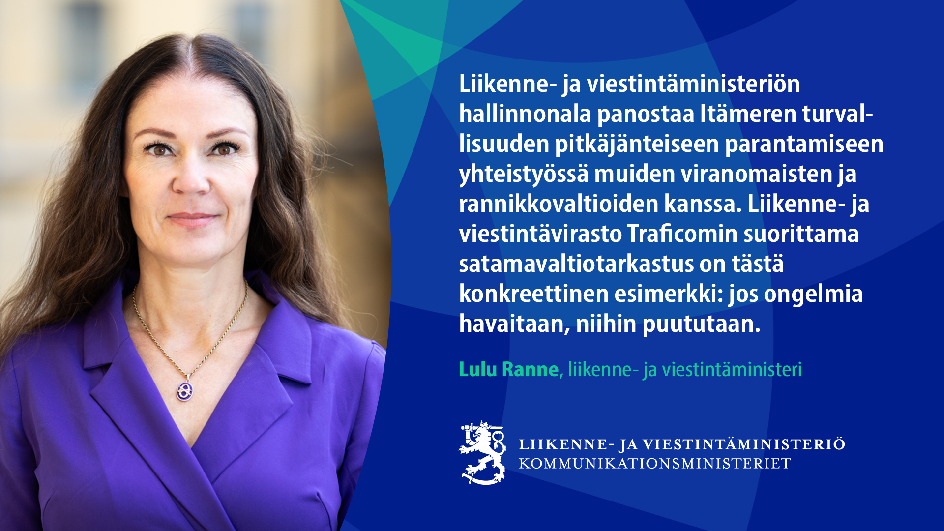 Liikenne- ja viestintäministeri Lulu Ranne (Kuva: Fanni Uusitalo, valtioneuvoston kanslia)