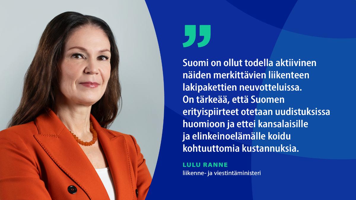 Liikenne- ja viestintäministeri Lulu Ranne katsoo kameraan