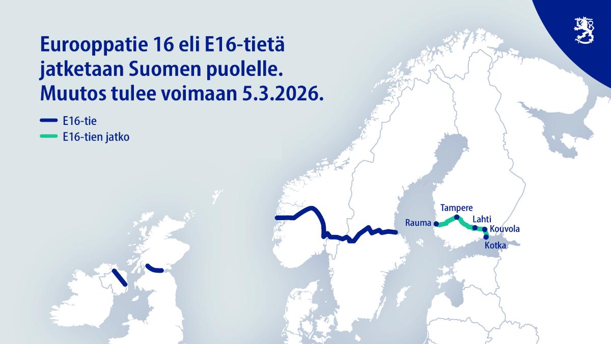 Karttakuva, jossa E16-tie kulkee Pohjois-Irlannista Skotlannin ja Norjan kautta Ruotsiin. E16-tien jatke kulkee Raumalta Tampereen, Lahden ja Kouvolan kautta Kotkaan.
